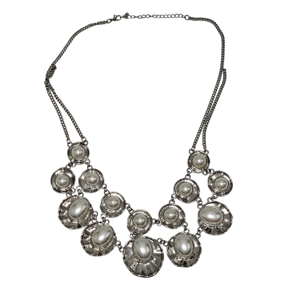 Vintage‎ Faux Pearl Cluster Silver Bib Necklace 26" Women's Classic Jewelry EUC